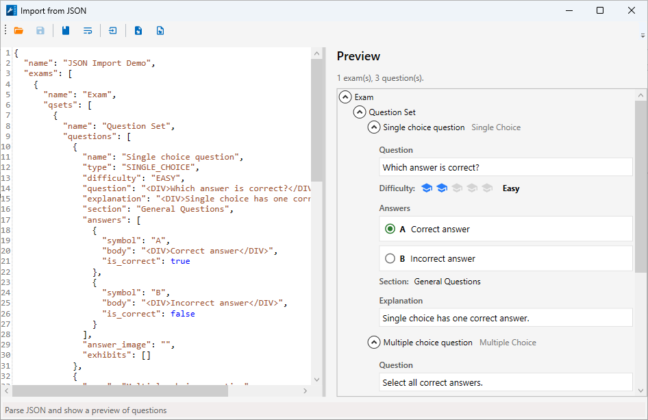 Import from JSON window - editor on the left, live preview on the right