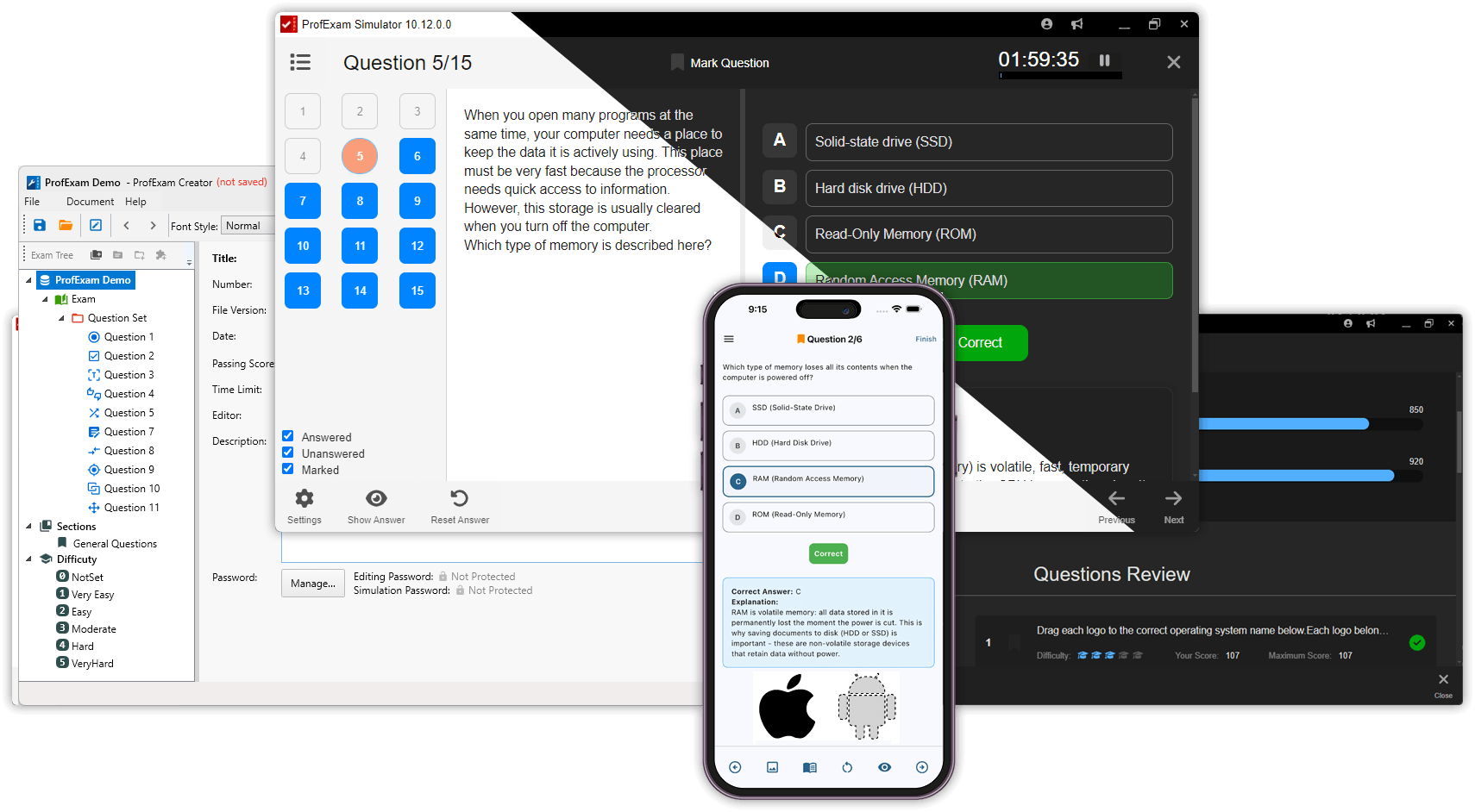 ProfExam Simulator - main window, testing, and results