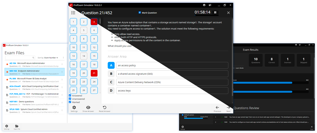 ProfExam Simulator Preview 10 - main window, testing, and results