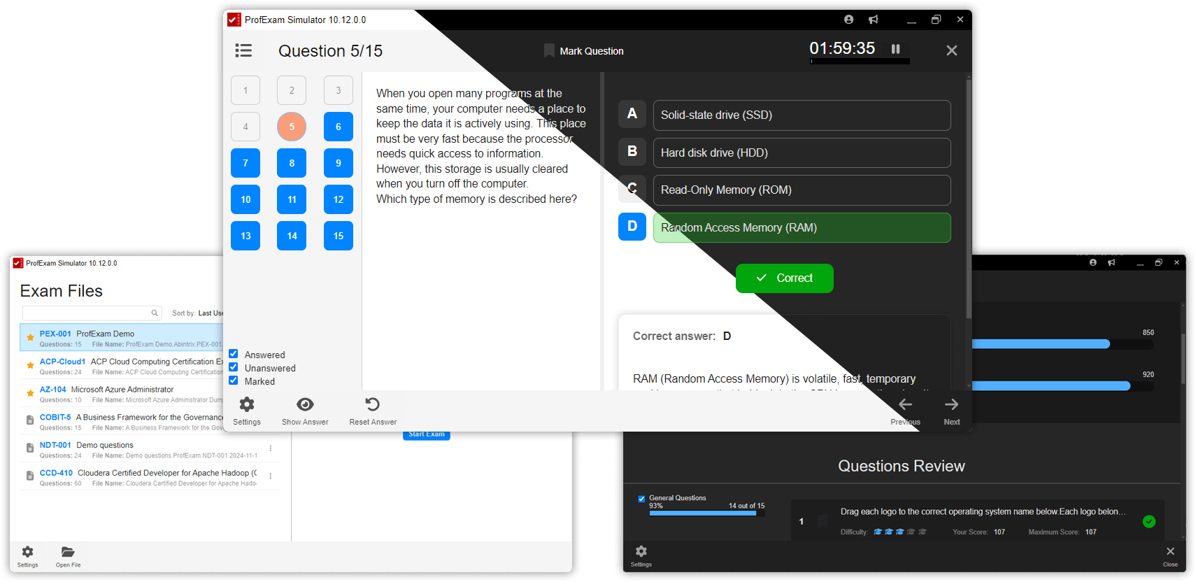 ProfExam Simulator - main window, testing, and results