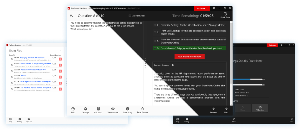 ProfExam Simulator - main window, testing, and results