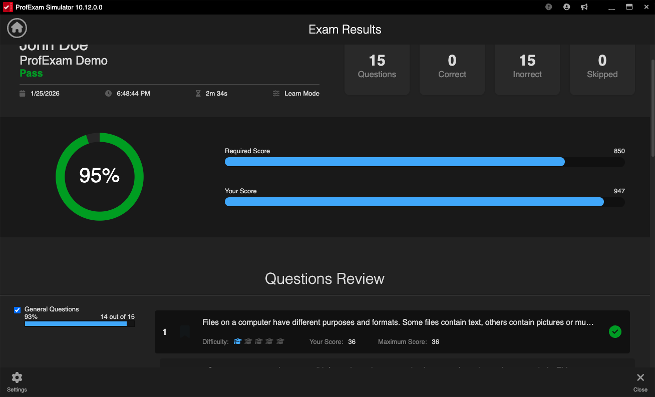 ProfExam Simulator for macOS - Exam Result