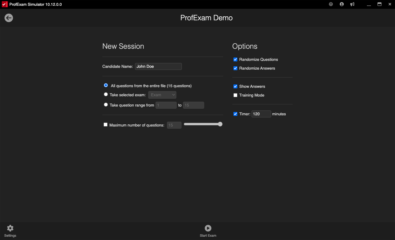 ProfExam Simulator for macOS - New Session