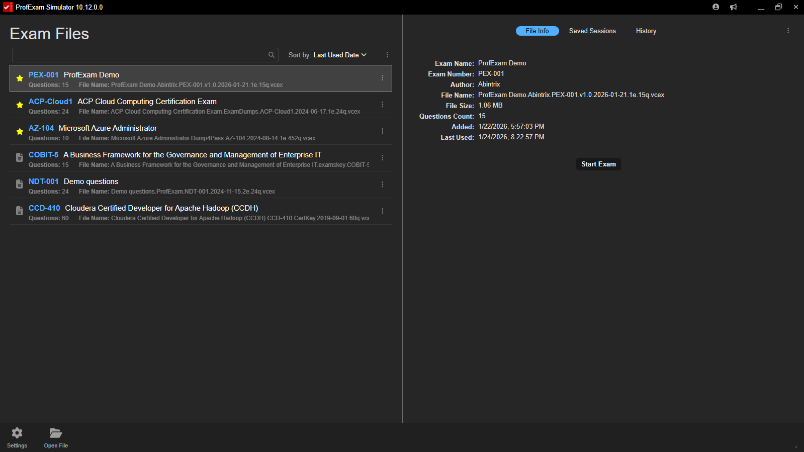 ProfExam Simulator - Exam File Manager dark theme