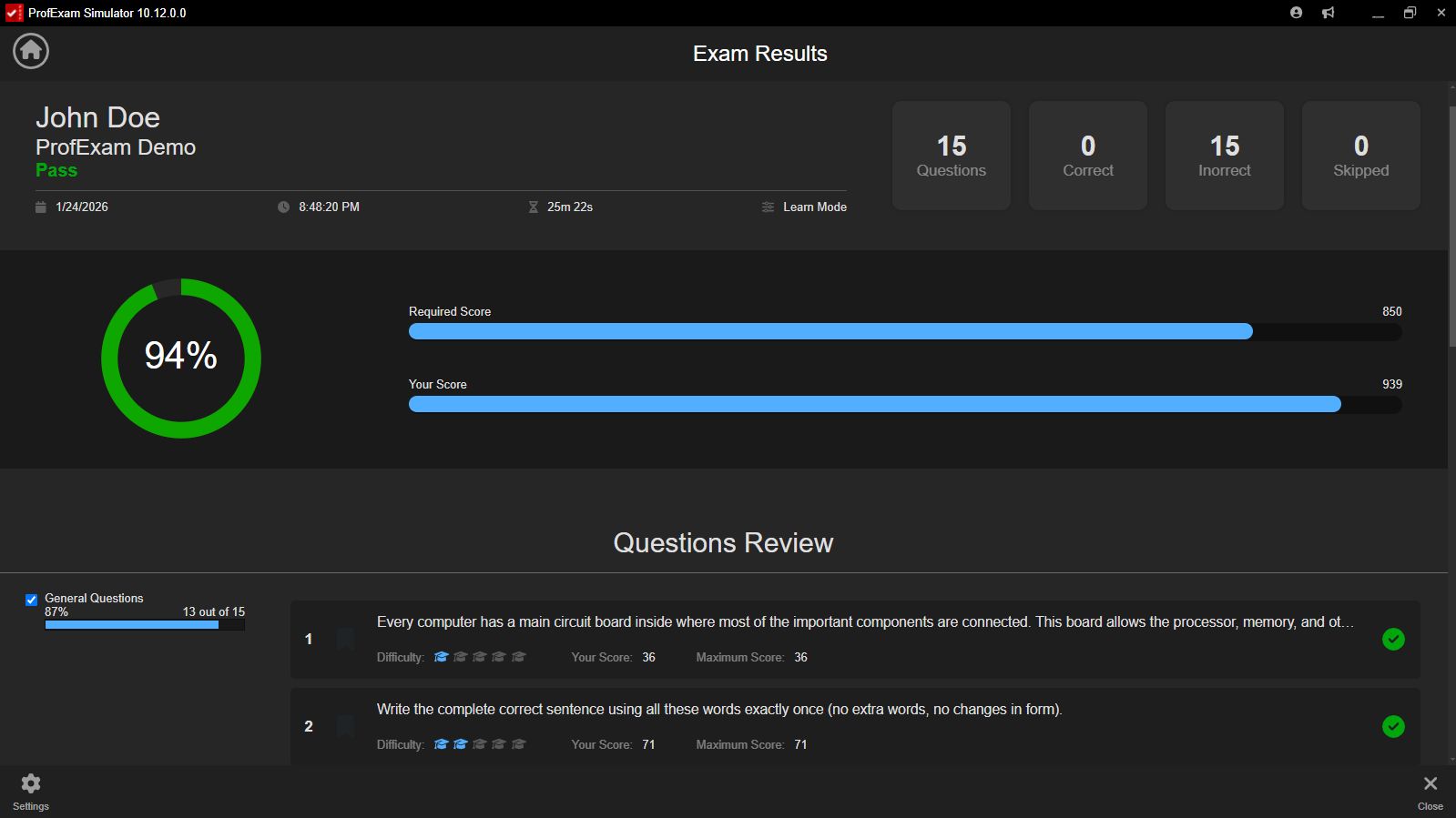 ProfExam Simulator - Score Report