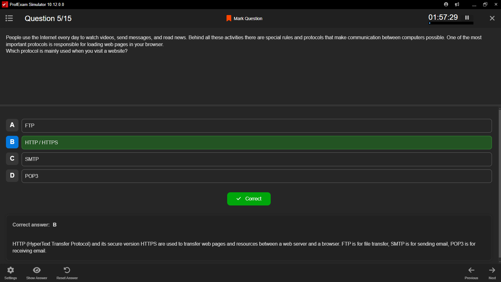 ProfExam Simulator - Multiple choice (single answer) question dark theme
