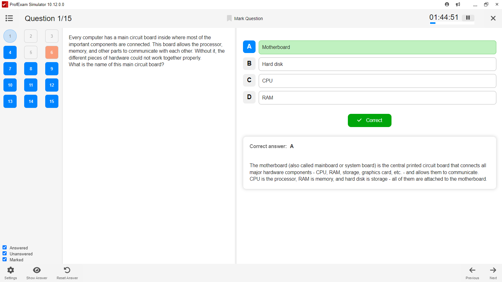 ProfExam Simulator - Multiple choice (single answer) question